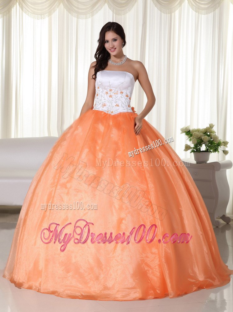 Orange and White Dress for Quinceaneras with Puffy Skirt