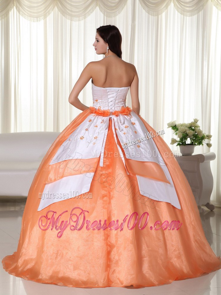 Orange and White Dress for Quinceaneras with Puffy Skirt