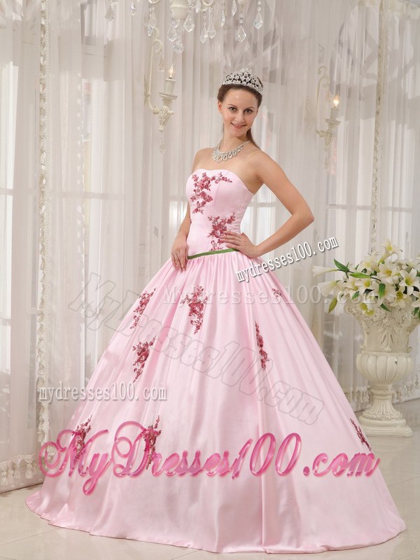 Baby Pink Ball Gown Strapless Floor-length Appliques Dress for Sweet 16