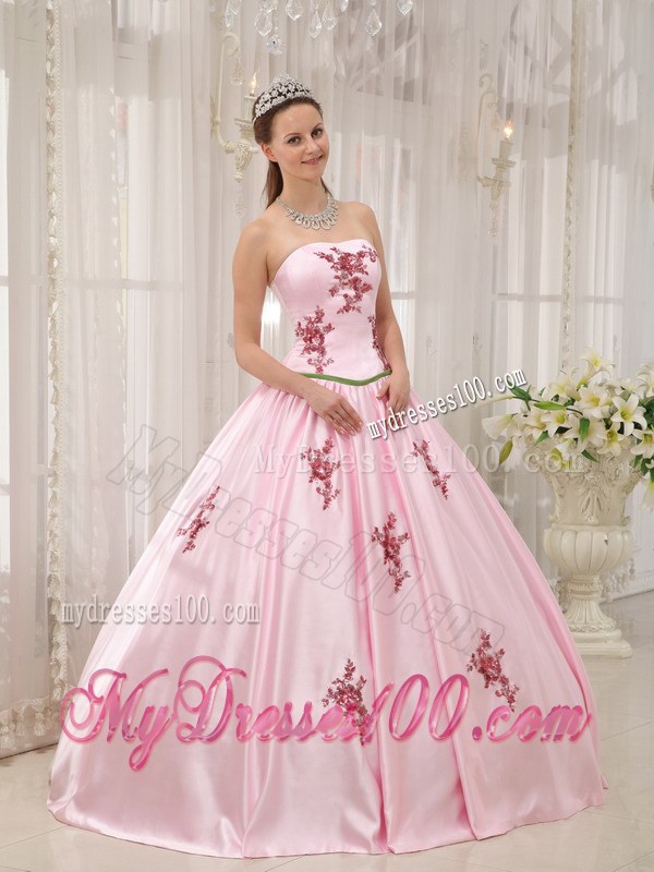 Baby Pink Ball Gown Strapless Floor-length Appliques Dress for Sweet 16
