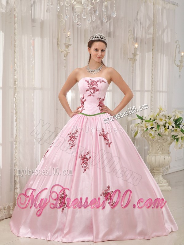 Baby Pink Ball Gown Strapless Floor-length Appliques Dress for Sweet 16