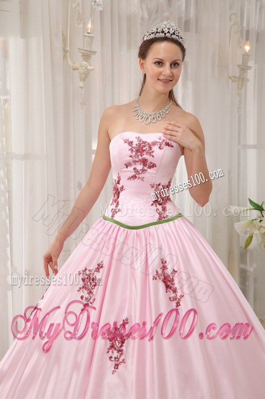Baby Pink Ball Gown Strapless Floor-length Appliques Dress for Sweet 16