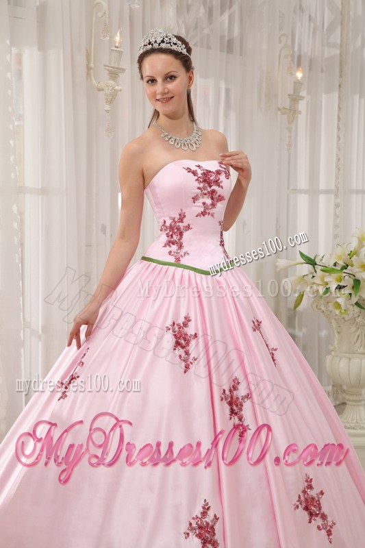 Baby Pink Ball Gown Strapless Floor-length Appliques Dress for Sweet 16