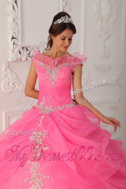 Pink V-neck Appliques Dresses Quinceanera with Off Shoulder