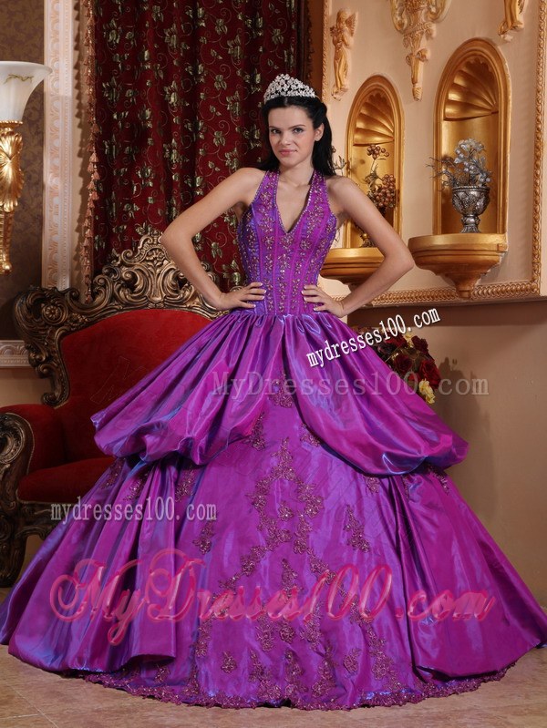 Purple Halter V-neck Sweet 15 Ball Gown with Appliques and Pick-ups
