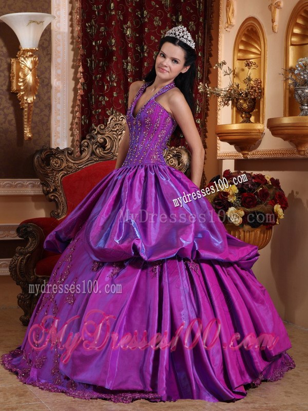 Purple Halter V-neck Sweet 15 Ball Gown with Appliques and Pick-ups