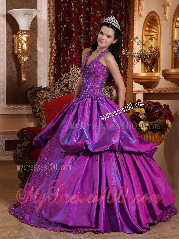 Purple Halter V-neck Sweet 15 Ball Gown with Appliques and Pick-ups