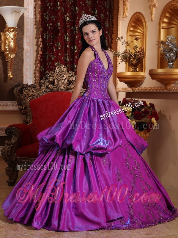 Purple Halter V-neck Sweet 15 Ball Gown with Appliques and Pick-ups