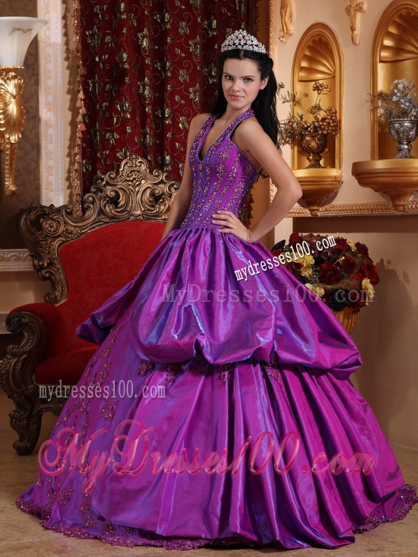 Purple Halter V-neck Sweet 15 Ball Gown with Appliques and Pick-ups
