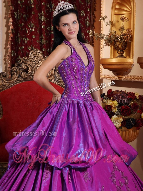 Purple Halter V-neck Sweet 15 Ball Gown with Appliques and Pick-ups