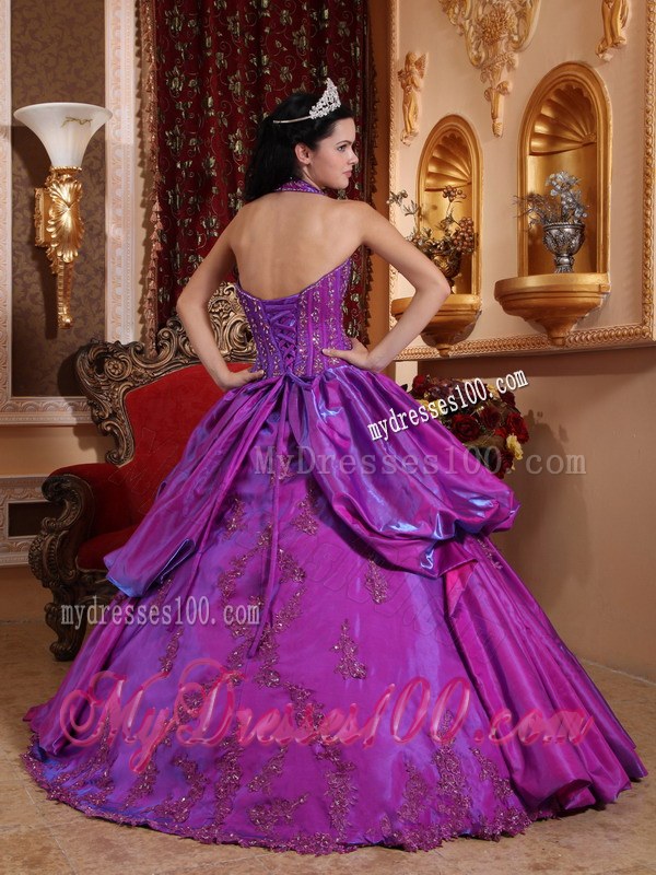 Purple Halter V-neck Sweet 15 Ball Gown with Appliques and Pick-ups