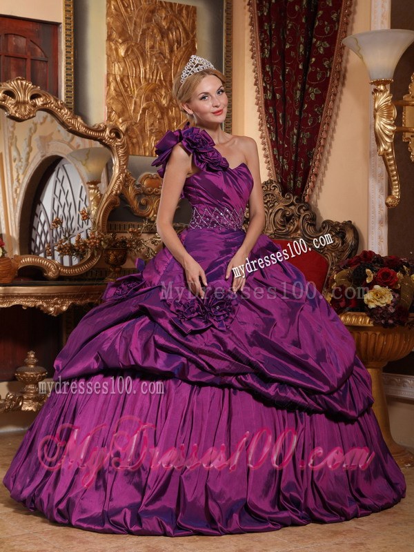 Purple Floral One Shoulder Sweetheart Strapless Quinceanera Dress