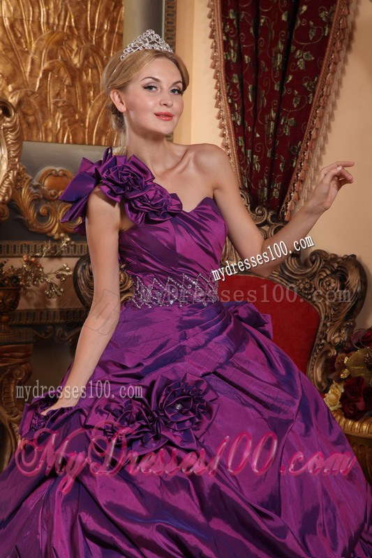 Purple Floral One Shoulder Sweetheart Strapless Quinceanera Dress