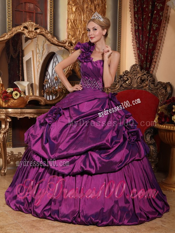 Purple Floral One Shoulder Sweetheart Strapless Quinceanera Dress