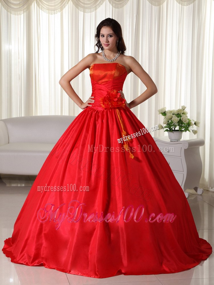 Red Strapless Dresses Quinceanera with Hand Made Flowers