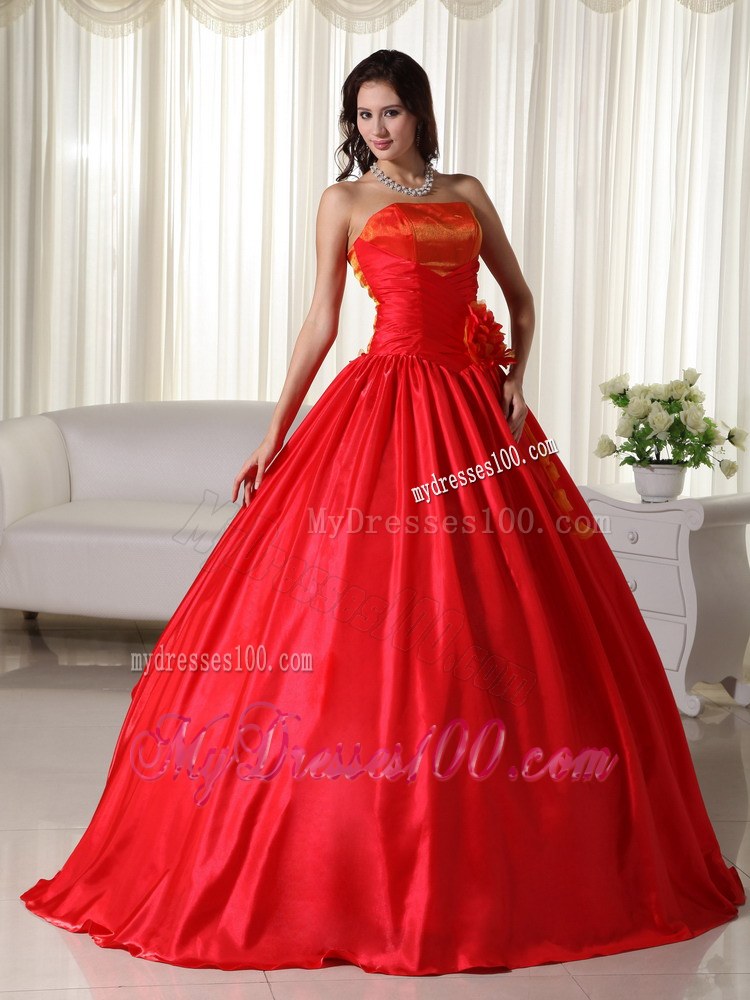Red Strapless Dresses Quinceanera with Hand Made Flowers