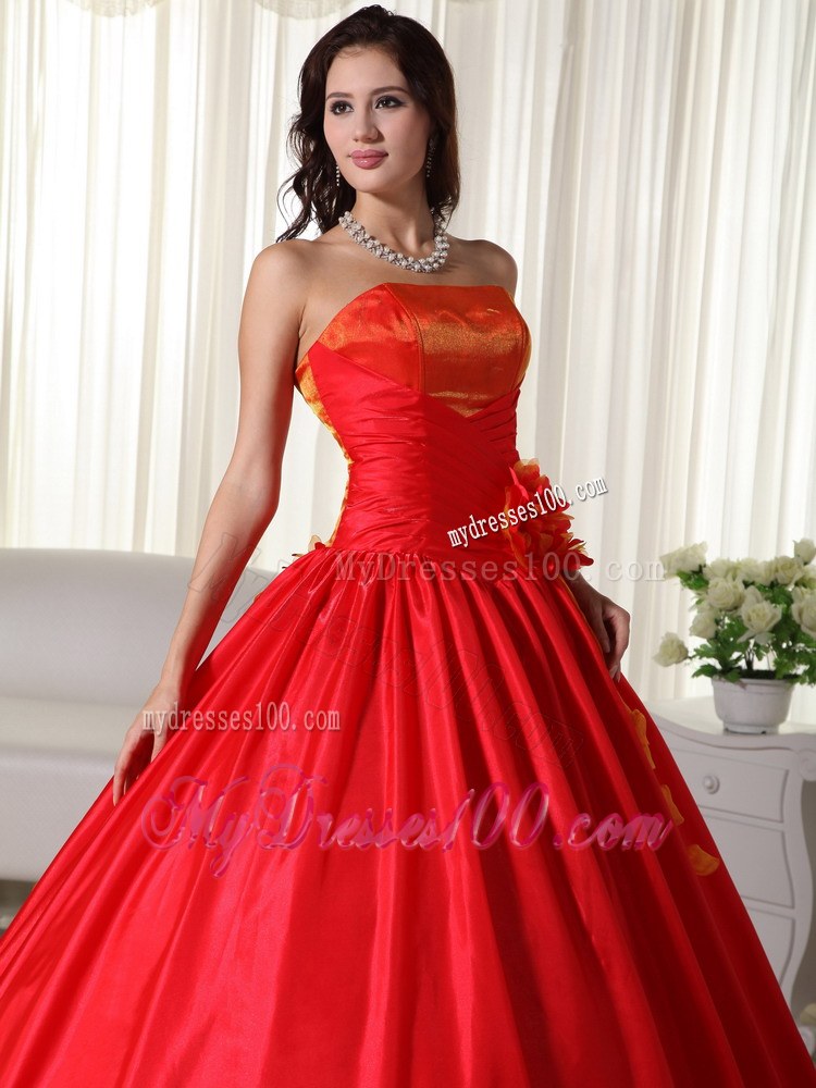 Red Strapless Dresses Quinceanera with Hand Made Flowers