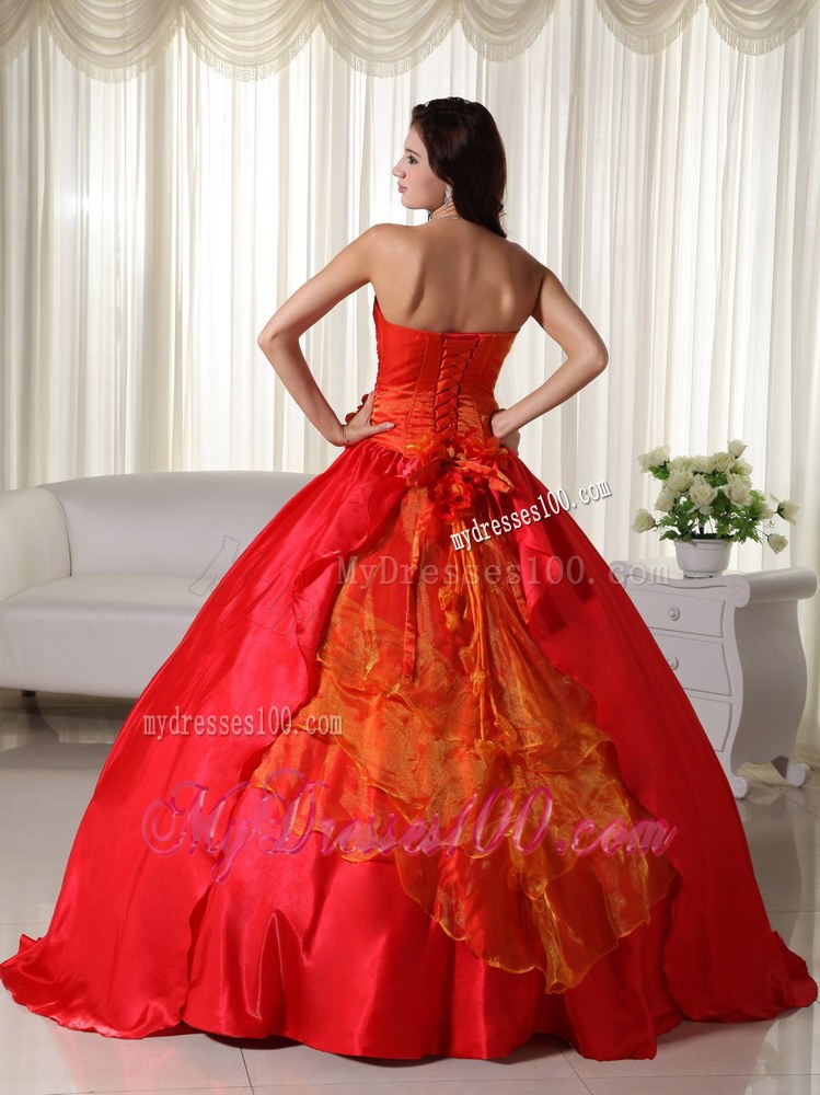 Red Strapless Dresses Quinceanera with Hand Made Flowers