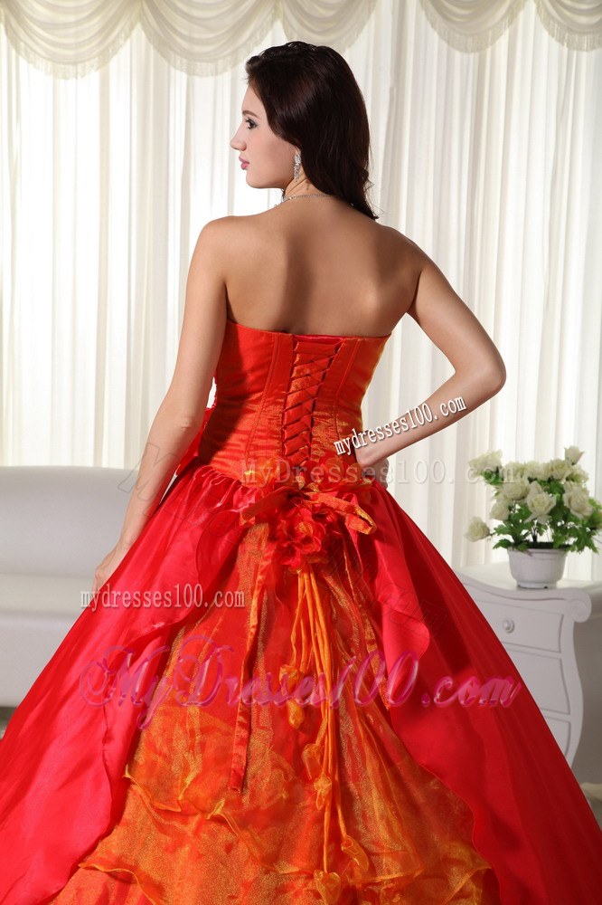 Red Strapless Dresses Quinceanera with Hand Made Flowers