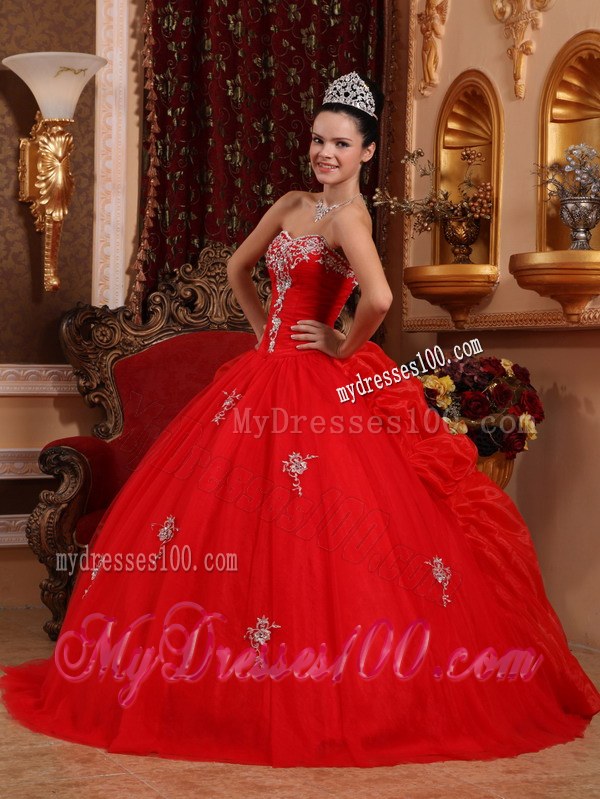 Red Ball Gown Sweetheart Organza Appliques Dress for Sweet 16