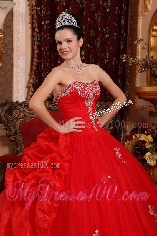Red Ball Gown Sweetheart Organza Appliques Dress for Sweet 16