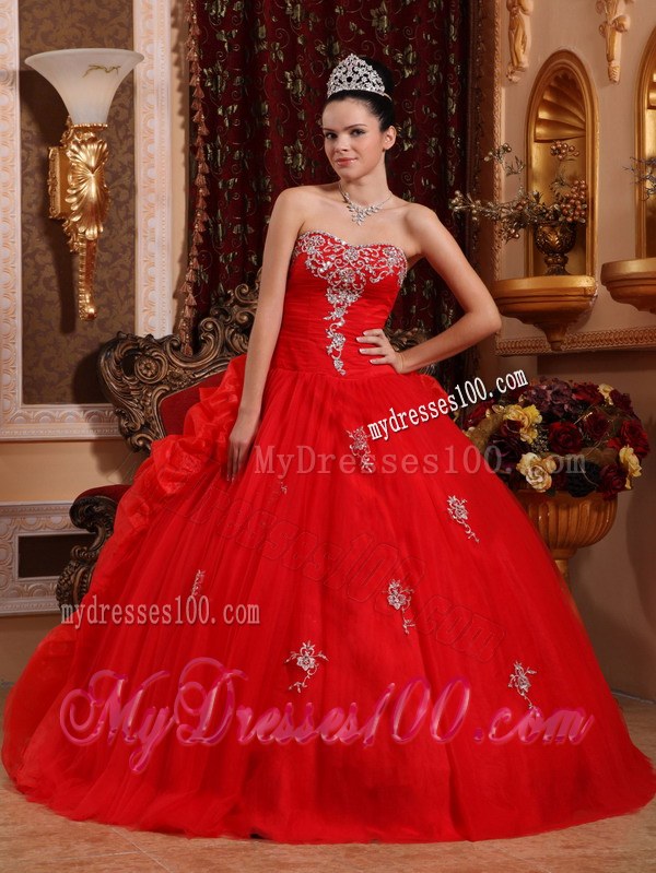 Red Ball Gown Sweetheart Organza Appliques Dress for Sweet 16