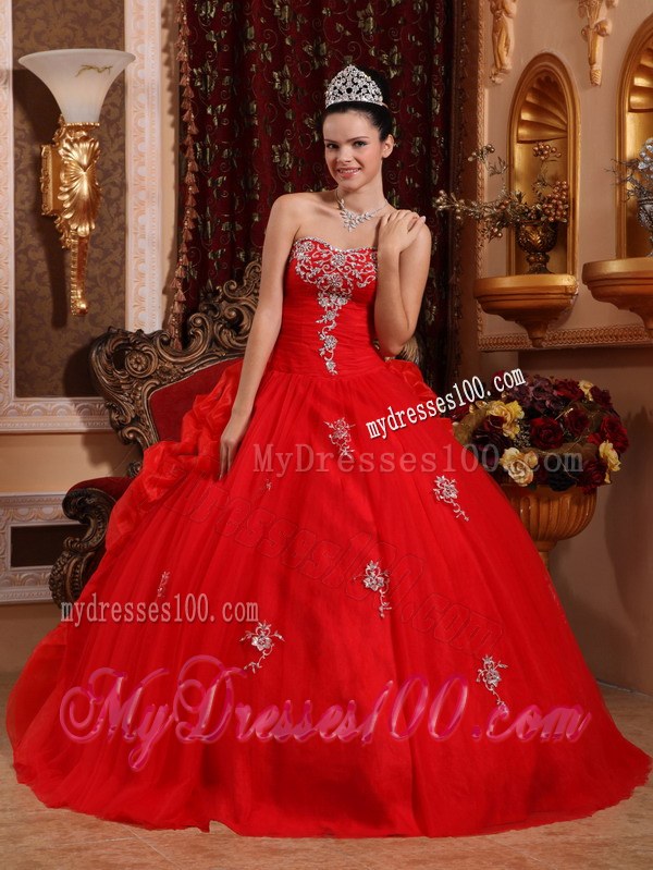 Red Ball Gown Sweetheart Organza Appliques Dress for Sweet 16