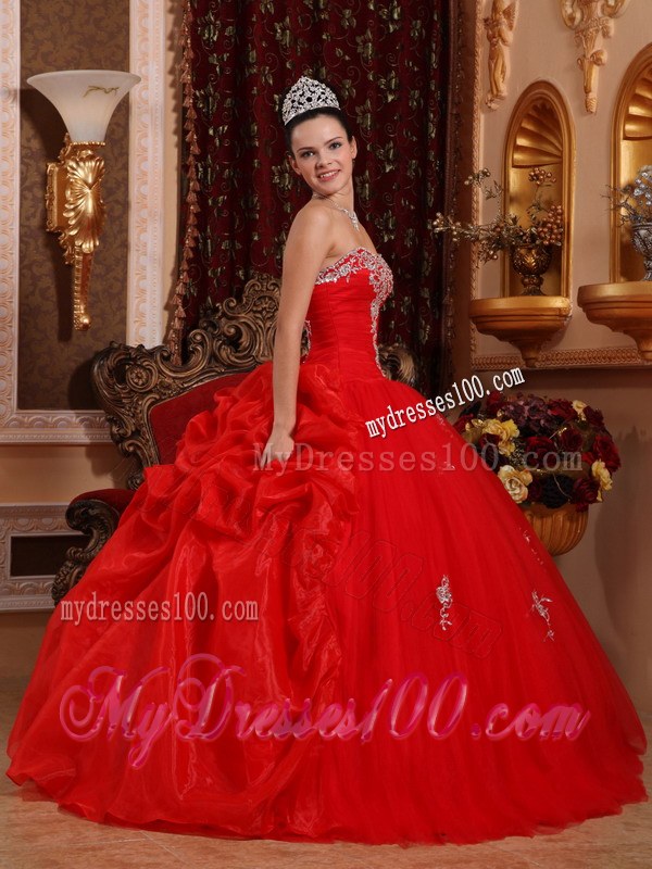 Red Ball Gown Sweetheart Organza Appliques Dress for Sweet 16