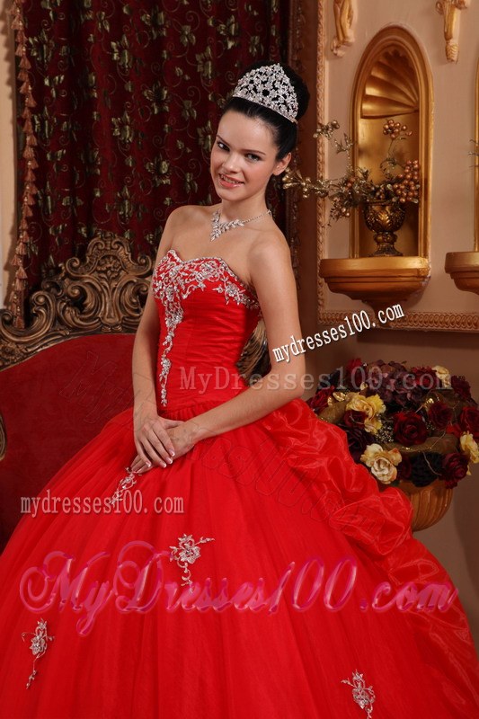Red Ball Gown Sweetheart Organza Appliques Dress for Sweet 16