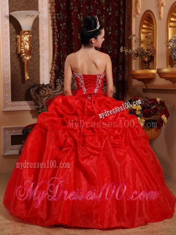 Red Ball Gown Sweetheart Organza Appliques Dress for Sweet 16