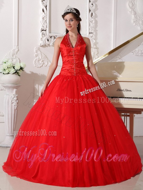 Halter Forming V-neck Beading Sweet 15 Dresses in Red