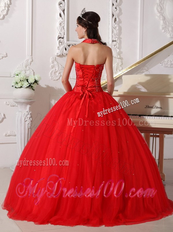 Halter Forming V-neck Beading Sweet 15 Dresses in Red