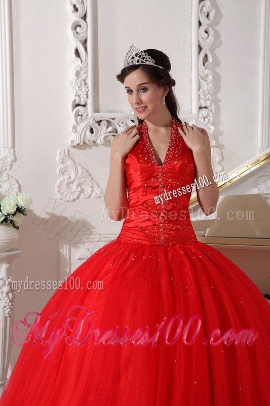 Halter Forming V-neck Beading Sweet 15 Dresses in Red