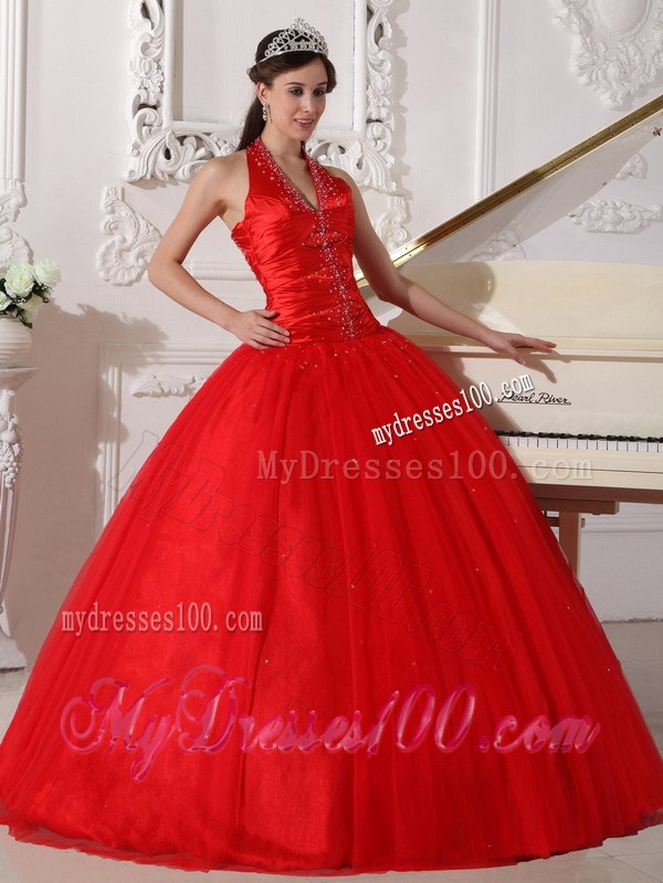 Halter Forming V-neck Beading Sweet 15 Dresses in Red