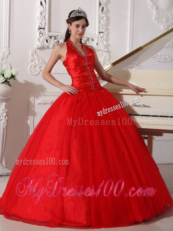 Halter Forming V-neck Beading Sweet 15 Dresses in Red