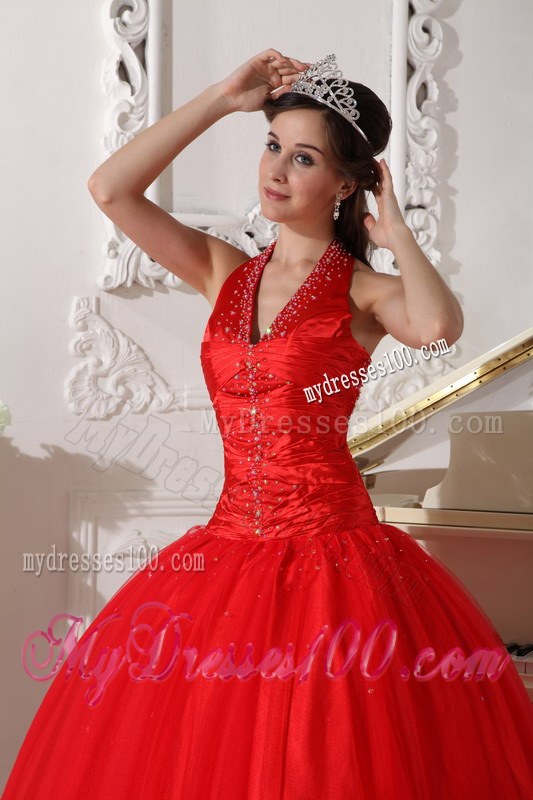 Halter Forming V-neck Beading Sweet 15 Dresses in Red