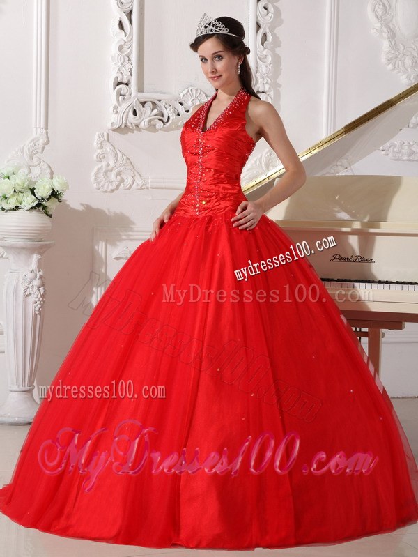 Halter Forming V-neck Beading Sweet 15 Dresses in Red