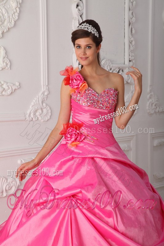 Rose Pink Floral Single shoulder Beaded Ball Gown Quinceanera Dress
