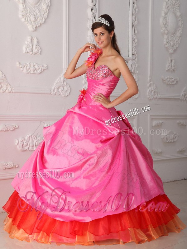 Rose Pink Floral Single shoulder Beaded Ball Gown Quinceanera Dress
