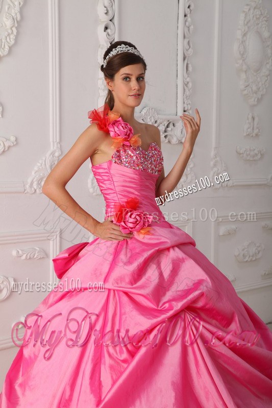 Rose Pink Floral Single shoulder Beaded Ball Gown Quinceanera Dress