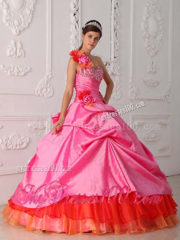 Rose Pink Floral Single shoulder Beaded Ball Gown Quinceanera Dress