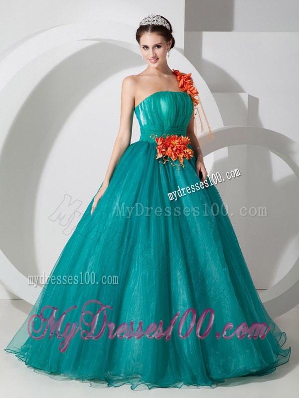 A-line One Shoulder Teal Quinceanera Dresses Embellished Petals