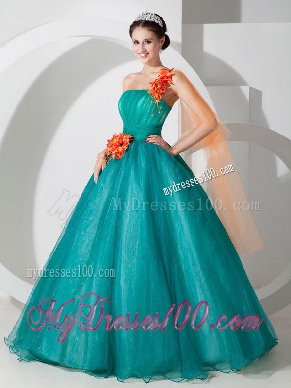 A-line One Shoulder Teal Quinceanera Dresses Embellished Petals