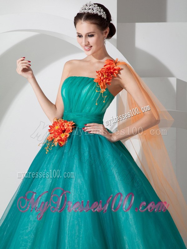 A-line One Shoulder Teal Quinceanera Dresses Embellished Petals
