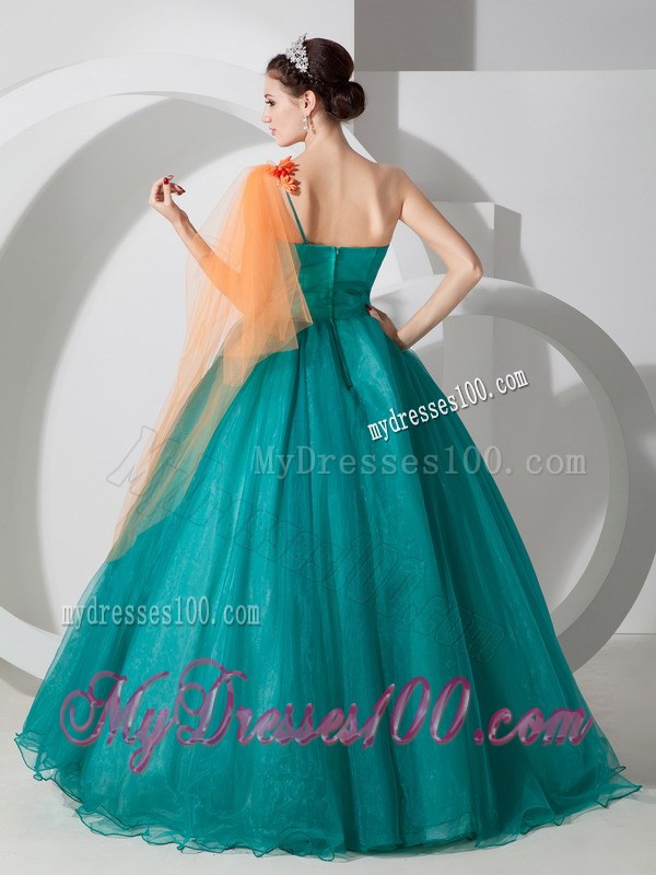 A-line One Shoulder Teal Quinceanera Dresses Embellished Petals