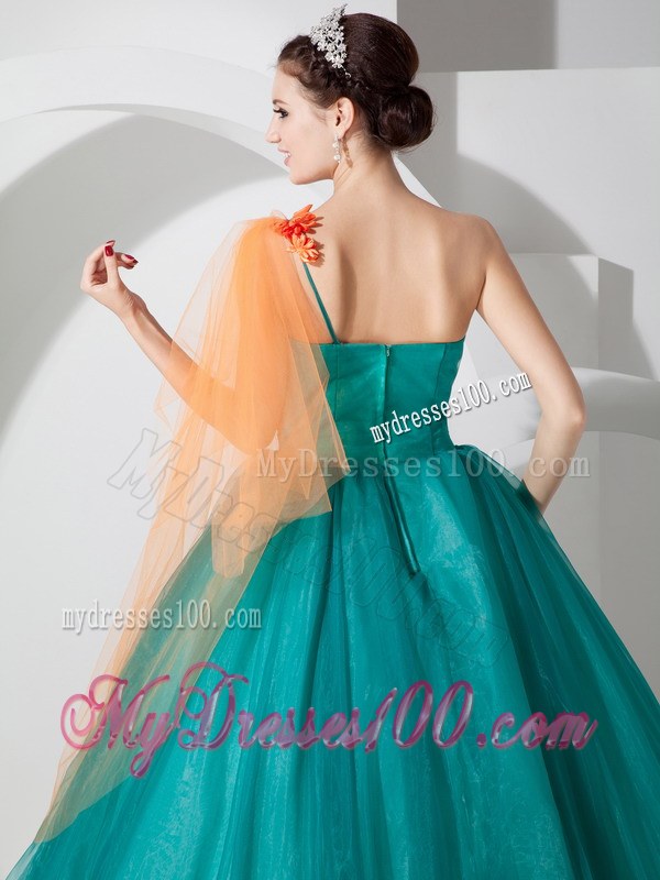 A-line One Shoulder Teal Quinceanera Dresses Embellished Petals