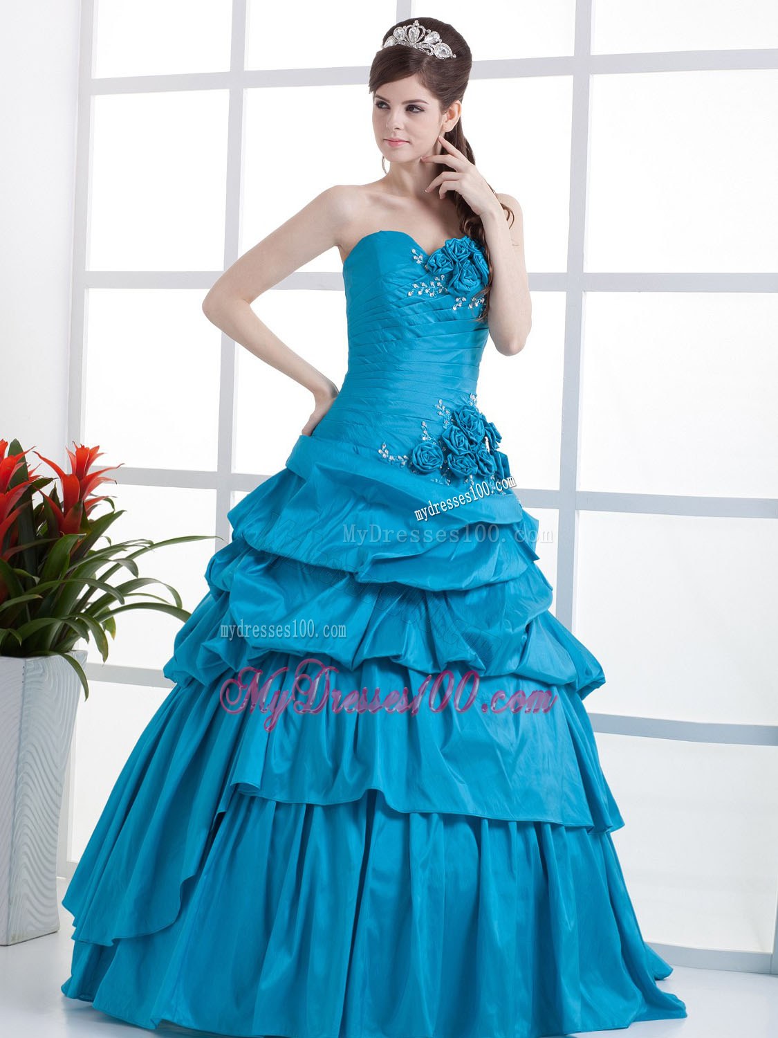 Teal Quinceanera Dress Sweetheart Hand Made Flowers and Ruffled 