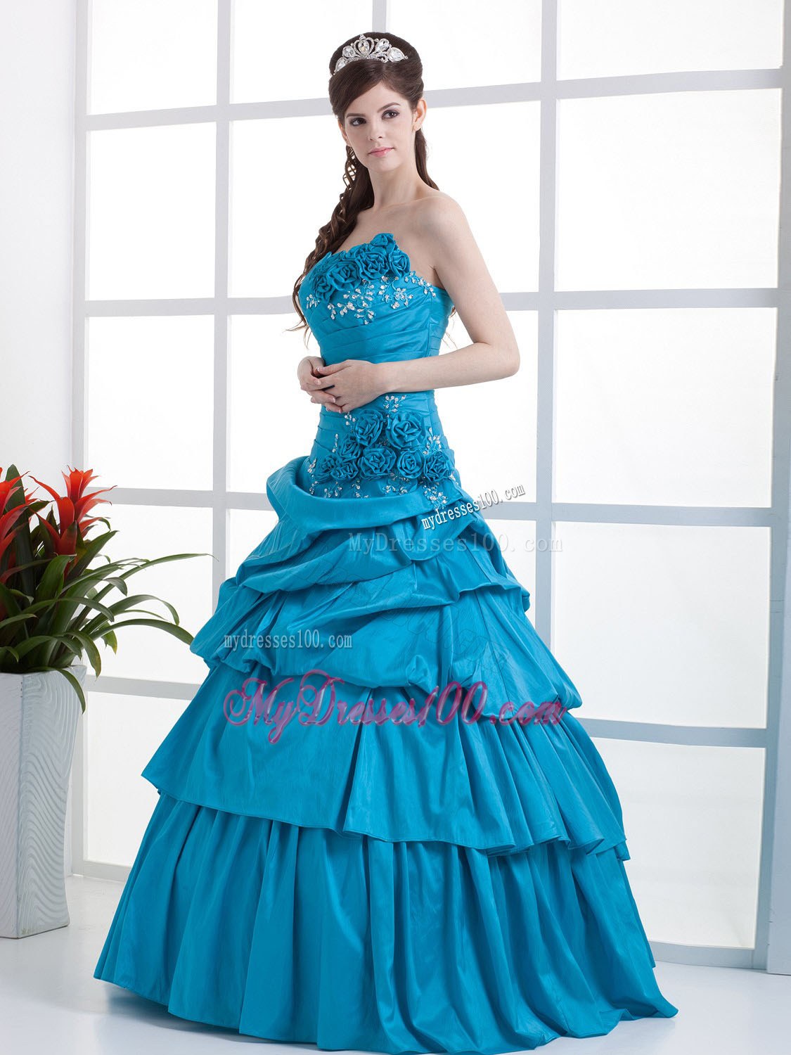 Teal Quinceanera Dress Sweetheart Hand Made Flowers and Ruffled 