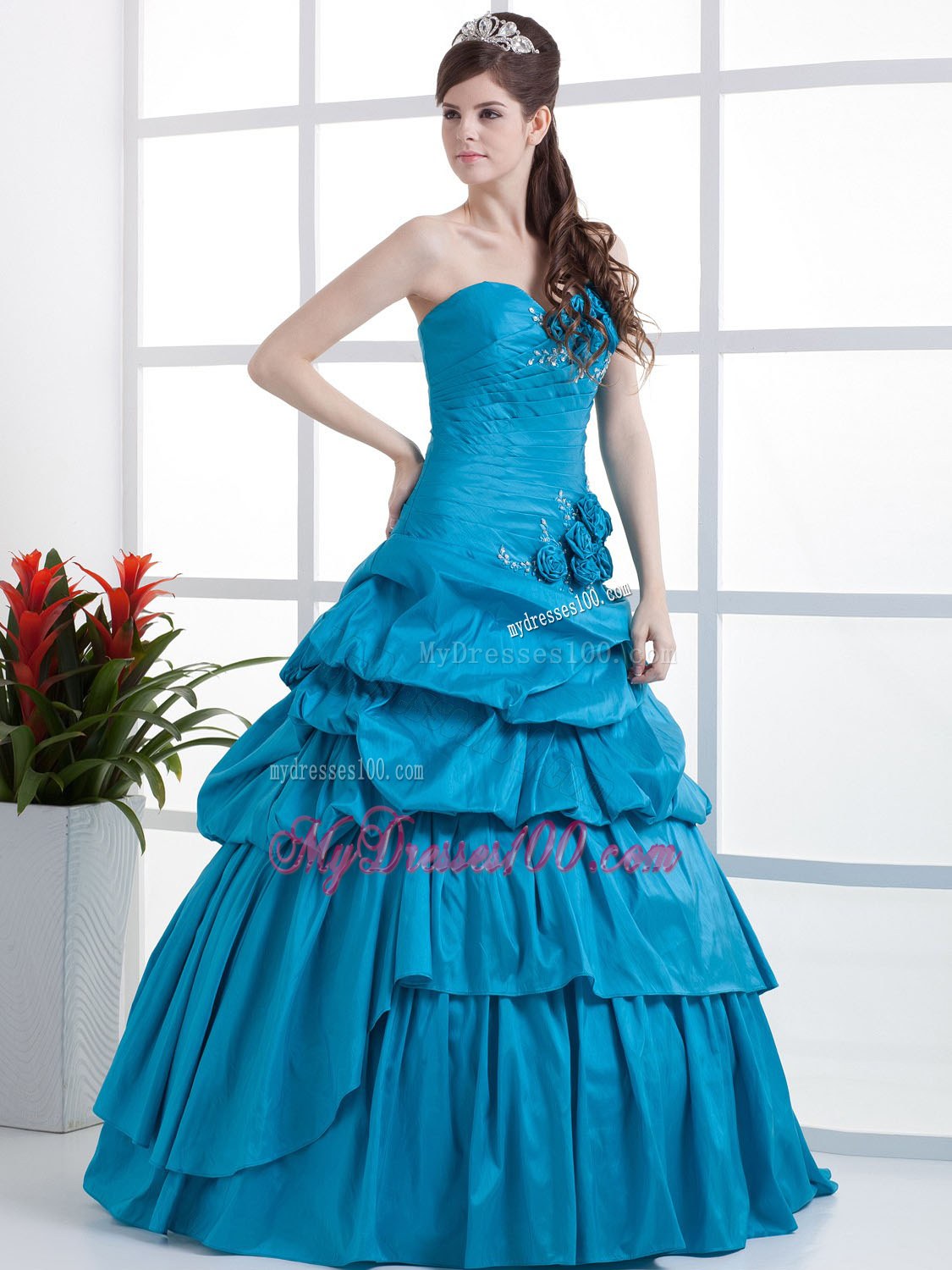 Teal Quinceanera Dress Sweetheart Hand Made Flowers and Ruffled 