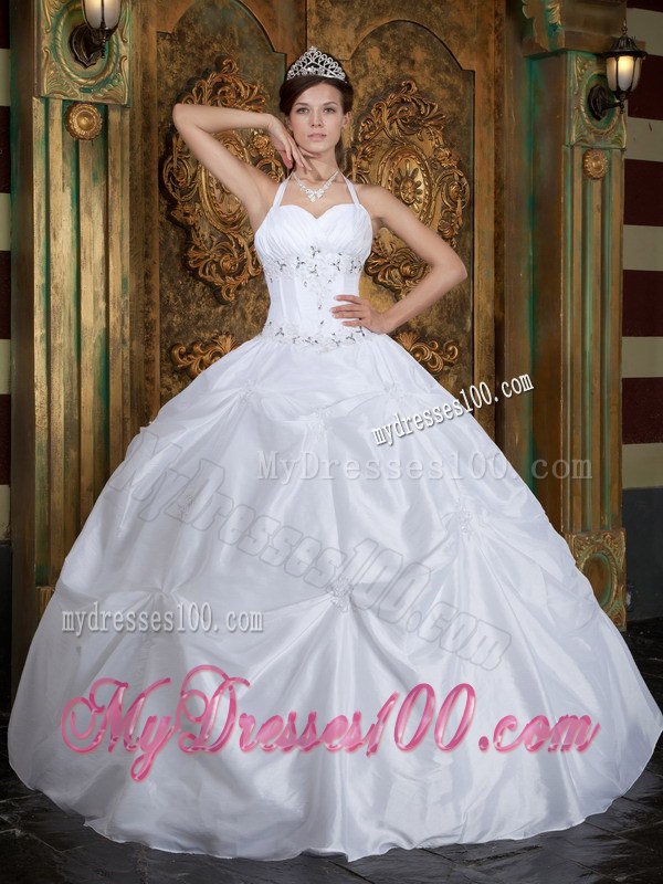 Halter Ball Gown for Beading White Quinceanera Dresses Gowns